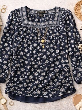 J. Jill Wearever Collection Top L Navy Floral Boho Tunic Long Sleeve Blouse